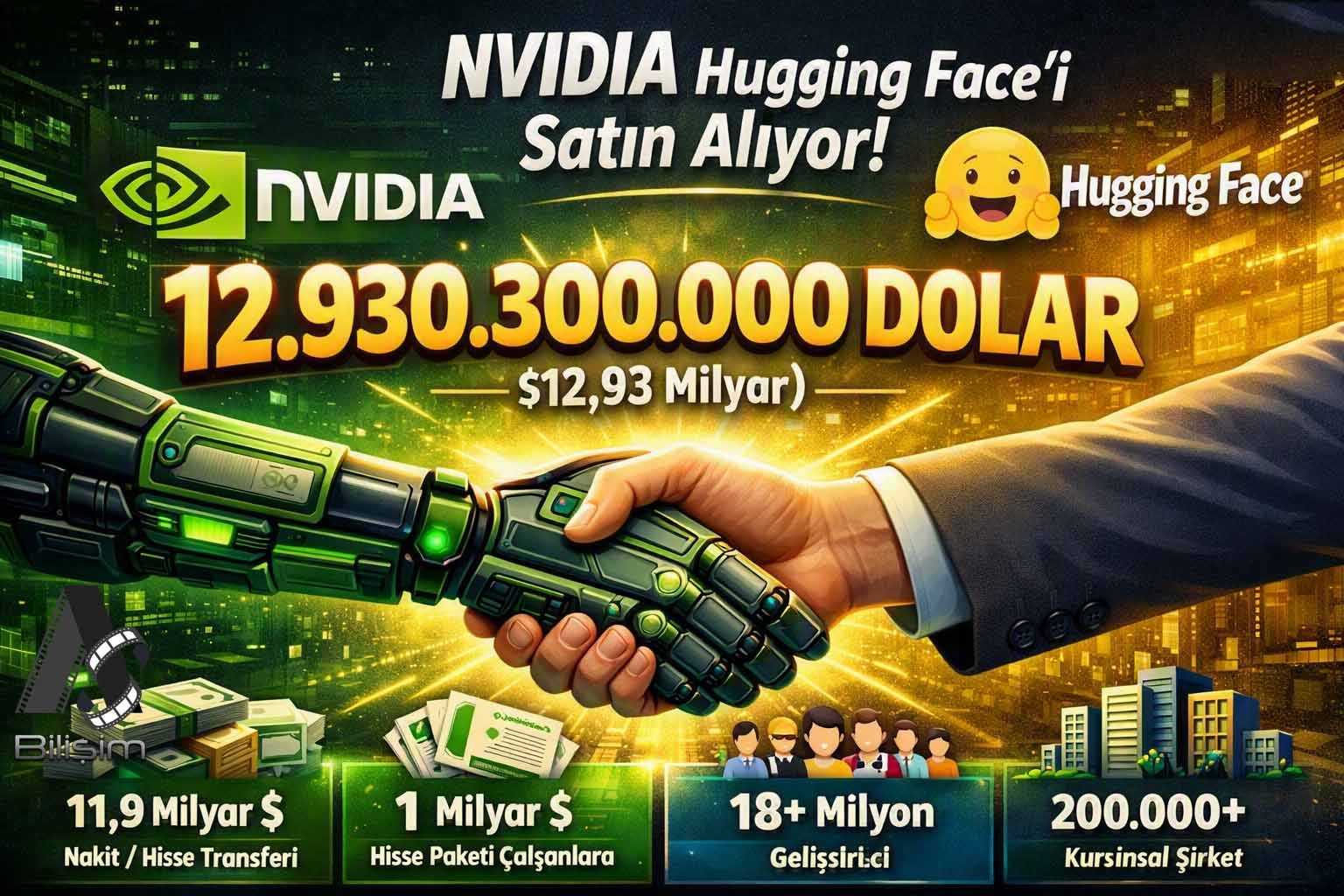 Nvidia, Hugging Face'i tam olarak 12 milyar 930 milyon 300 bin dolar'a Satın Alıyor.